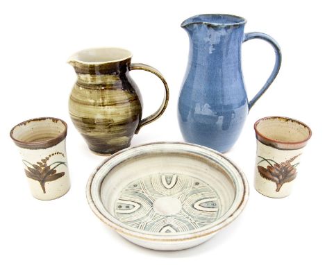 Studio pottery including David Leach, Lowerdown mugs, Vellow jug and bowl in the style of Seth Cardew (5)