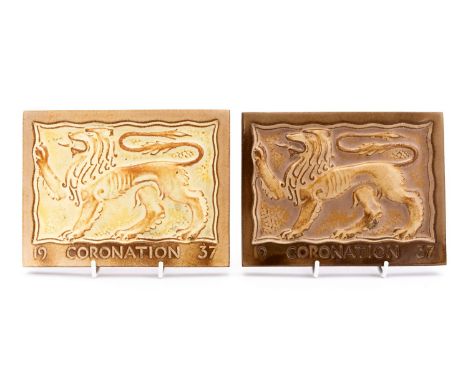 A pair of Art Deco ceramic plaques, Coronation 1937, relief moulded Passant Lions, Marsden Tiles, 15.5cm x 20.5cm (2)