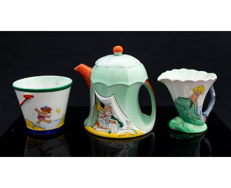 Hilda Cowham for Shelley, a nursery ware tea set, circa 1928, comprising teapot in the form of a beach tent, a milk jug in th