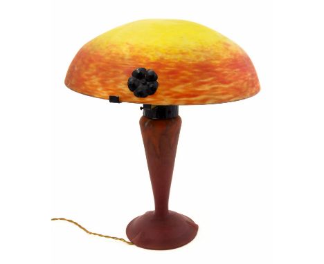 Muller Freres, an Art Deco glass lamp, G V de Croismare, pate de verre orange and yellow shade, supported on iron bracket, th