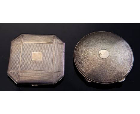 Two Art Deco silver compacts, engine turned circular and square form, Crisford and Norris, Birmingham 1935 and David Sutton a