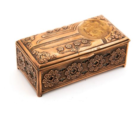 An Art Nouveau copper finish casket, relief moulded and reticulated with flowers and the head of a woman in profile, 12cm lon