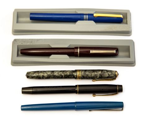 A collection of five vintage pens to include: Osmiroid 65, Conway Stewart 58, Sty pen, Osmiroid with Italic Medium nib and On