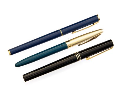 Conway Stewart 106 fountain pen, blue with gilt cap, together with Sheaffer Fashion I fountain pen, blue, and Osmiroid callig