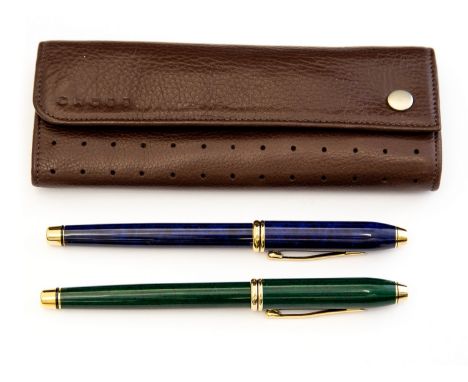 Cross Townsend fountain pen, green marbled lacquer, 14 carat gold nib, together with a blue marbled roller ball, in brown lea