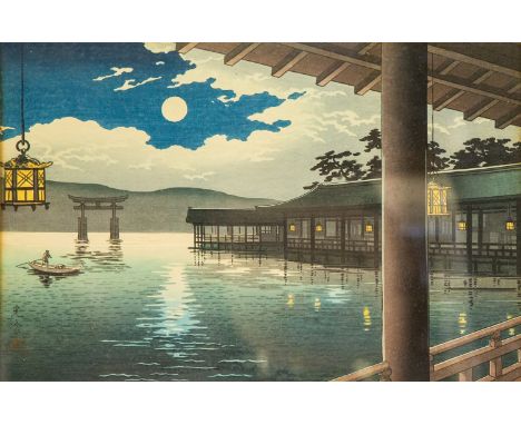 Tsuchiya Koitsu (1870-1949), Summer Moon at Miyajima, woodblock print, 1936, seal marks, 25cm x 38cm, framed