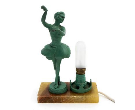 An Art Deco green figural table lamp, modelled as a ballerina, on alabaster base (af)