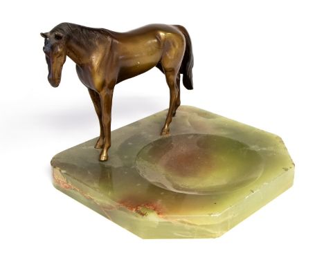 An Austrian cold painted bronze and onyx dish, modelled as a horse, Never Say Die, 1954, stamped marks, 14cm high, 18cm wide