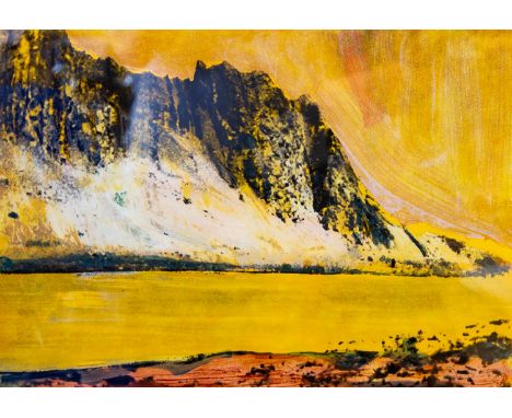 Jorg Herold (b.1965), Steile Berge am Flusse, print with gouache, acrylic and colour wash, signed 2006, 29cm x 42cm, framedNo