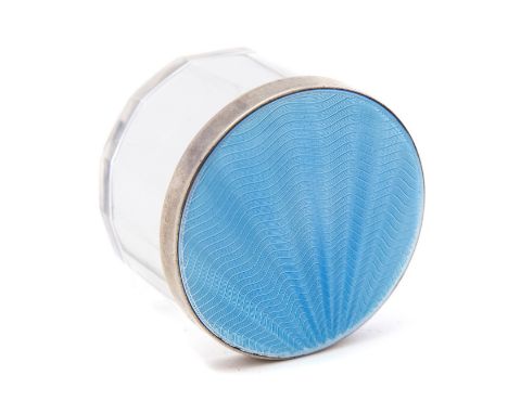 An Art Deco enamelled silver and glass jar, blue guilloche sunray design, Albert Carter, Birmingham 1932, 6cm diameter, 4cm h