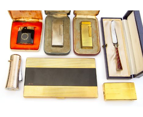 Smoking memorabilia to include a gilt and black enamel cigarette case, two boxed Alfred Dunhill lighters, etc  (6) 
