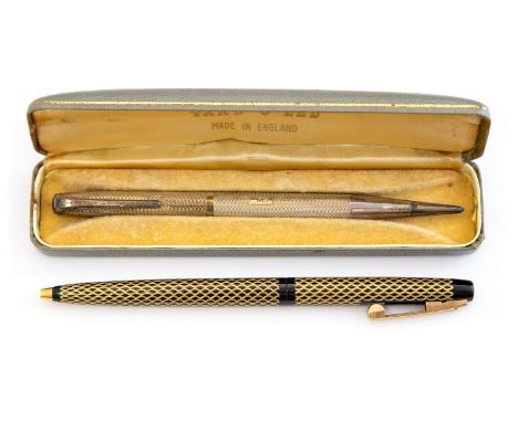 Yard O Lead silver pencil in case and Sheaffer Lady ballpoint pen, black and gold engine turned (2) 