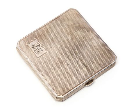 An Art Deco silver compact with integrated Coty lipstick, engine turned, Bravingtons, Birmingham 1938, 7cm square, 3.81ozt