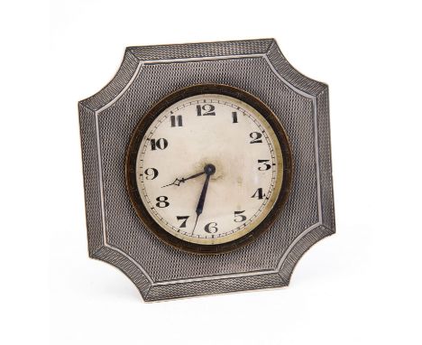 An Art Deco silver bedside timepiece, engine turned barley design, Robert Pringle, Birmingham 1928, 8.5cm square