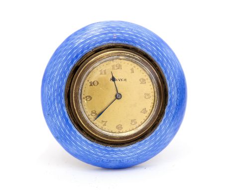 An Art Deco gilt enamelled bedside timepiece, blue guilloche enamel, 8 day movement, probably Continental, on easel stand, 7.