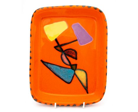 A 1970s orange ceramic dish with geometric design, painted marks, Made in France, 29cm x 23cm