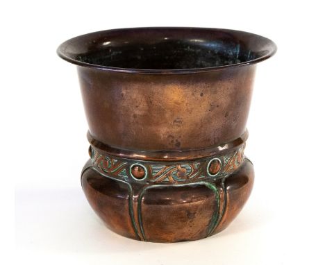 An Arts and Crafts copper jardiniere of small proportions, embossed with a band of Celtic scrolls and studs, 10cm high, 12cm 