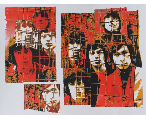 The Rolling Stones - Ink Icon 'Caged' silkscreen print of the complete band on the roof of Gered Mankowitz's studio, Masons Y