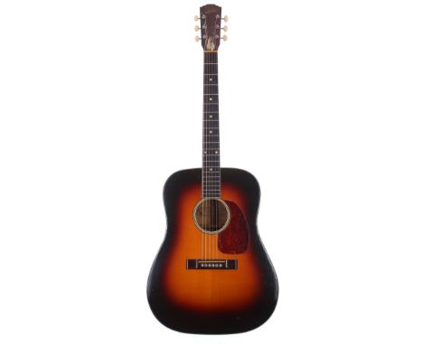 1959 Levin Goliath acoustic guitar, made in Sweden, ser. no. 3xxxx4; Back and sides: sunburst finish maple, hairline lacquer 