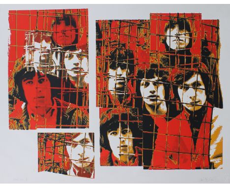 The Rolling Stones - Ink Icon 'Caged'&nbsp;three colour silkscreen print of the complete band on the roof of Gered Mankowitz'