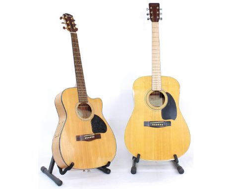 Modified Fender CF140 acoustic guitar (finish stripped and end pin pickup added), soft bag; together with a Tanglewood TW-400