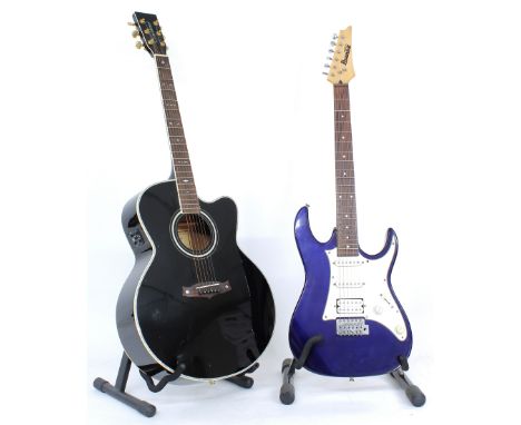 Tanglewood TW59BLK acoustic guitar, gig bag (action requires attention); together with an Ibanez Gio GRX40 electric guitar, g