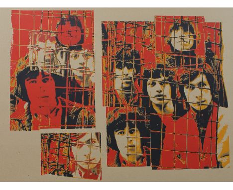 The Rolling Stones - Ink Icon 'Caged' silkscreen print of the complete band on the roof of Gered Mankowitz's studio, Masons Y