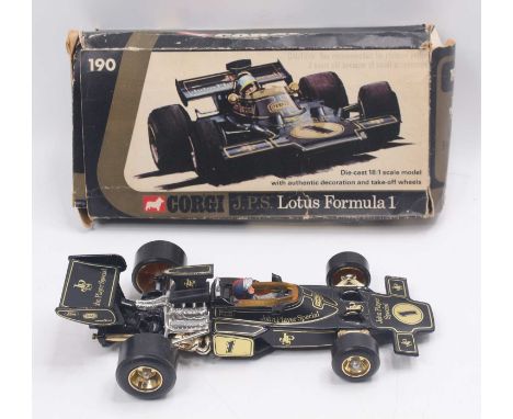 Corgi Toys 1/18 scale No. 190 JPS Lotus F1 race car, comprising of black and gold body housed in the original box with packin