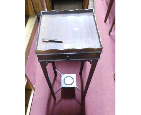 A 19th century mahogany square bedside table, with candle slide, width 31cm, and a 19th century mahogany tilt-top pedestal tr