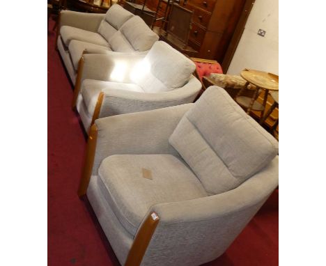 A contemporary Ercol fabric upholstered three piece suite, comprising; three seater sofa, width 190cm, and pair of armchairs,