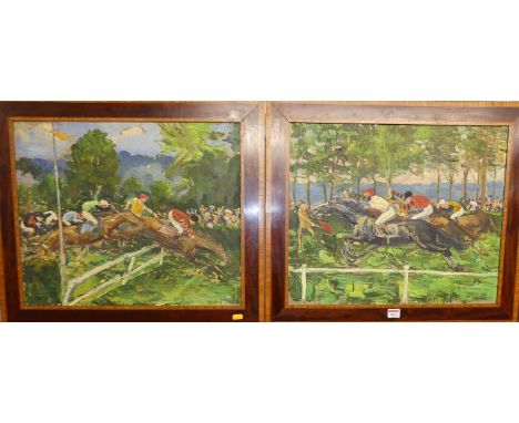 Gustave Moïse (1879-1955) - Pair; Horseracing scenes, oil on canvas, 45 x 54cmPainting of horses jumping left has two holes i