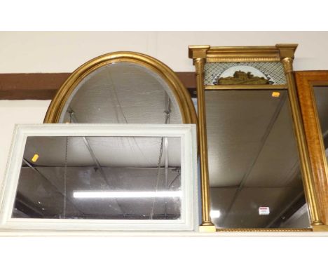 A giltwood and gesso pier glass, with pictorial frieze, 80 x 42cm; together with a modern gilt framed and bevelled oval wall 