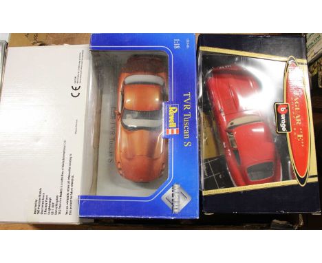 A 1:18 scale group of six boxed modern issue diecast, to include Revell TVR Tuscan S, Burago Jaguar Type E coupe etc
