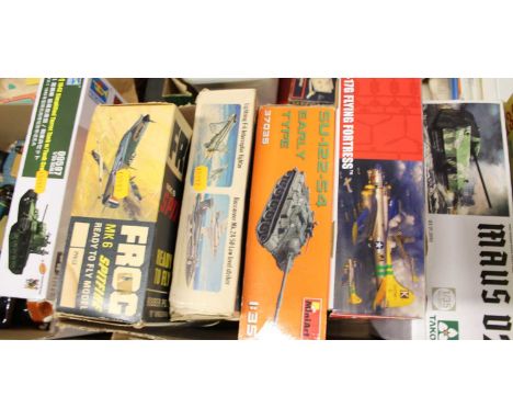 Two trays of various scales boxed plastic kits to include Airfix Flying Fortress, Frog MK6 Spitfire and others (contents unch
