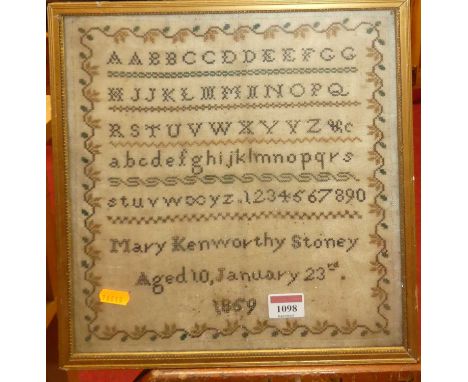 Mary Kenworthy Stoney - a mid-Victorian alphabet and number needlework sampler, signed and dated 1869, 31 x 29cm 