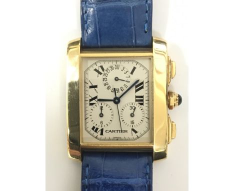 A Cartier Tank Francaise 18ct gold gents wristwatch. The chronometer has a square white dial presenting black Roman numerals 