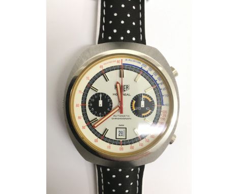 A rare gents Heuer Montreal Cal 12 automatic chronograph wristwatch. The Montreal was first released in 1972 with a colourful