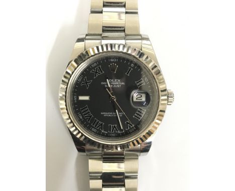 A Rolex Datejust II gents automatic chronometer wristwatch. This interesting wristwatch has a black dial presenting black Rom