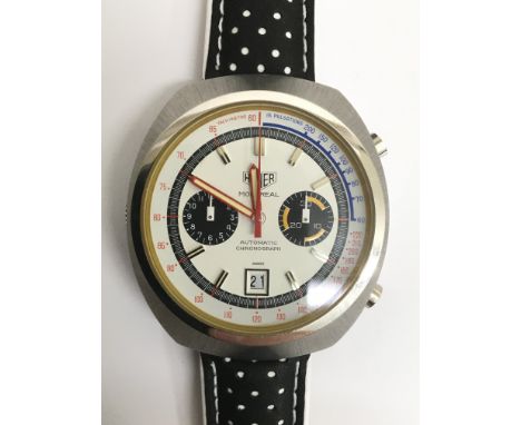 A rare gents Heuer Montreal Cal 12 automatic chronograph wristwatch. The Montreal was first released in 1972 with a colourful