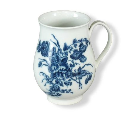 A Caughley bell-shaped mug circa 1778-83  transfer-printed in underglaze blue with the 'Bouquets' pattern featuring roses, pi