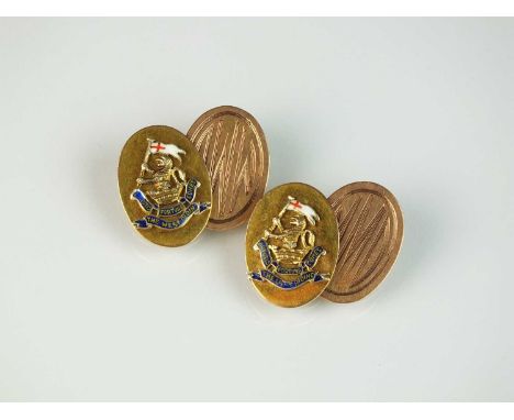 A pair 9ct gold and enamel cufflinks, each designed as a rose gold oval monogrammed link and a yellow gold oval link with app