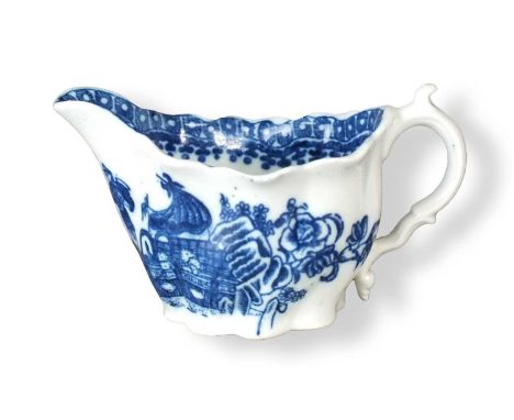A Caughley Chelsea ewer cream boat circa 1780-85transfer-printed in underglaze blue in the Pleasure Boat or Fisherman pattern
