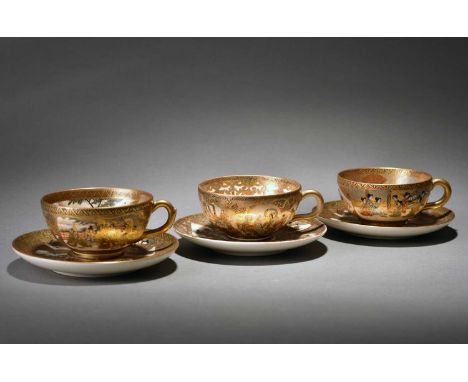 Three Japanese Satsuma teacups and saucers, Meiji periodThe first by Meisan and decorated with noble figures at various pursu
