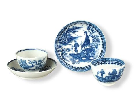Two Caughley tea bowls and saucerscirca 1777-90transfer-printed in underglaze blue with the 'Fence' and 'Pleasure Boat' patte