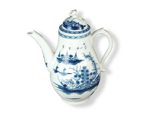 A Caughley coffee pot with associated cover,circa 1775-80painted in underglaze blue in the 'Rock Strata Island' pattern, pain