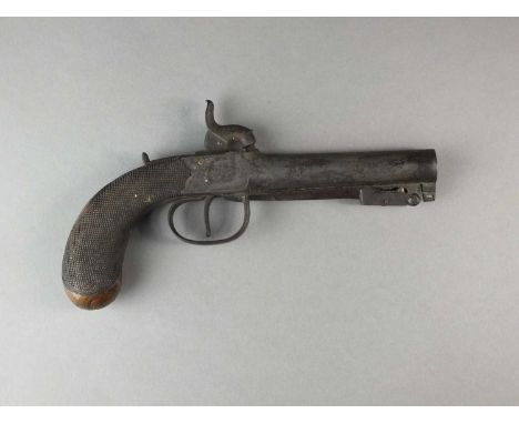 A percussion box-lock pocket pistol19th centurywith bottom-strung bayonet, chequered grip, overall length 20cmSold as an exem