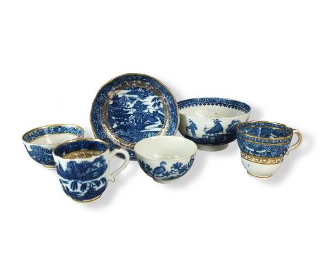 A group of Caughley porcelaincirca 1785transfer-printed in underglaze blue, comprising a 'Pleasure Boat' slop bowl, Sx mark, 