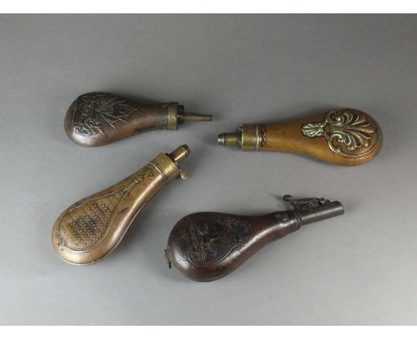 A group of four powder flasks19th centuryincluding a leather G &amp; J.W Hawksley example decorated two figures hunting on ho