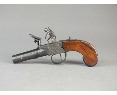 An English flintlock boxlock pocket pistolearly 19th centurywith a 7cm turn-off barrel, steel action engraved with scrollwork