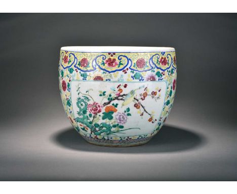 A Chinese, famille rose jardiniere, Qing Dynasty, 19th centuryOf rounded form and decorated with birds perched in the branche